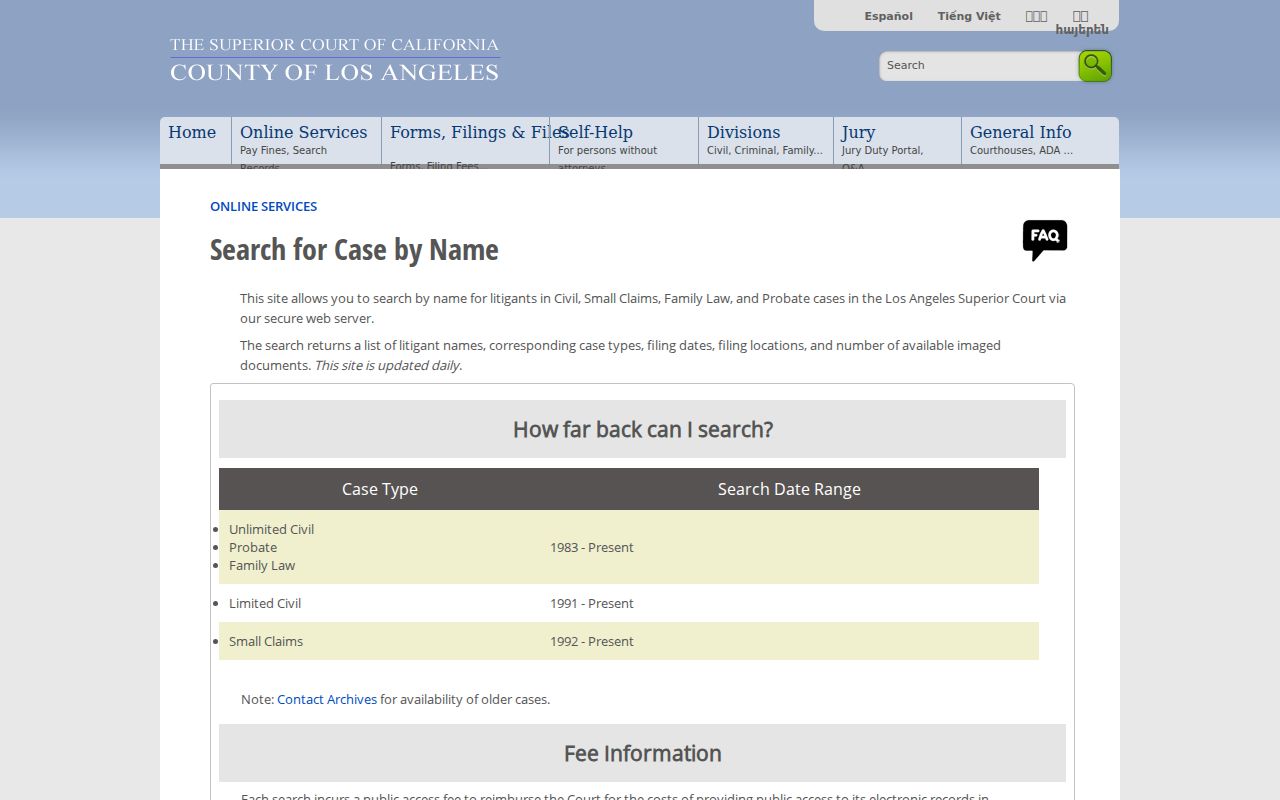 Monrovia resident lookup Los Angeles Superior Court civil index search
